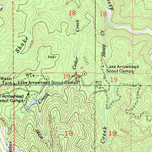 Topographic Map of Lake Arrowhead Scout Camps, CA