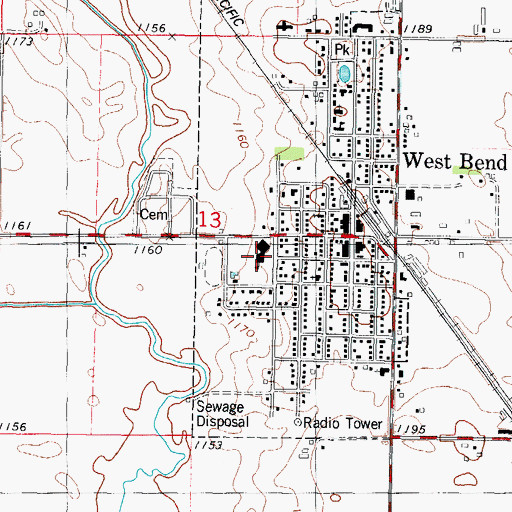 Topographic Map of West Bend - Mallard Middle / High School, IA