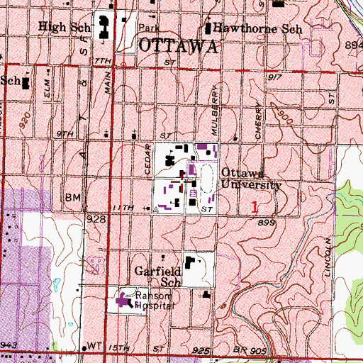 Topographic Map of Ottawa University - Online, KS