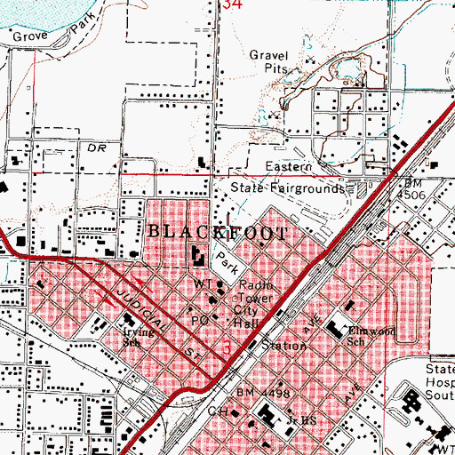 Topographic Map of Blackfoot Police Department, ID