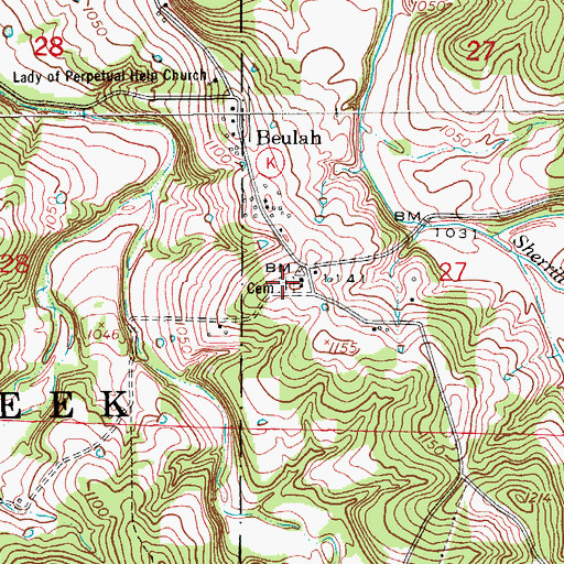 Topographic Map of Beulah Cemetery, MO