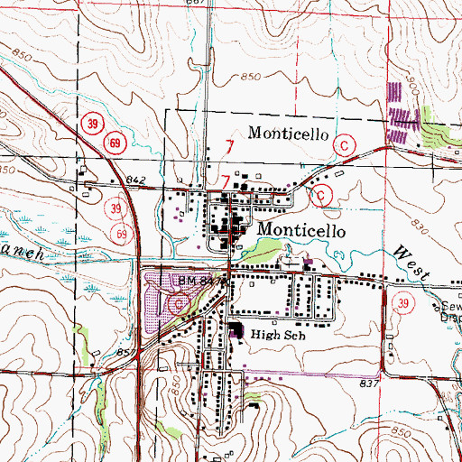 Topographic Map of Monticello Post Office, WI