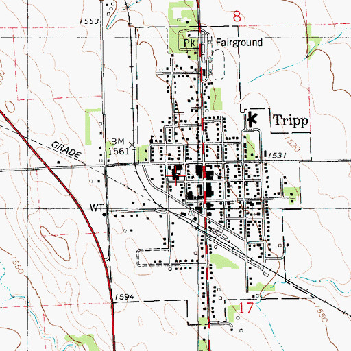 Topographic Map of Tripp Public Library, SD