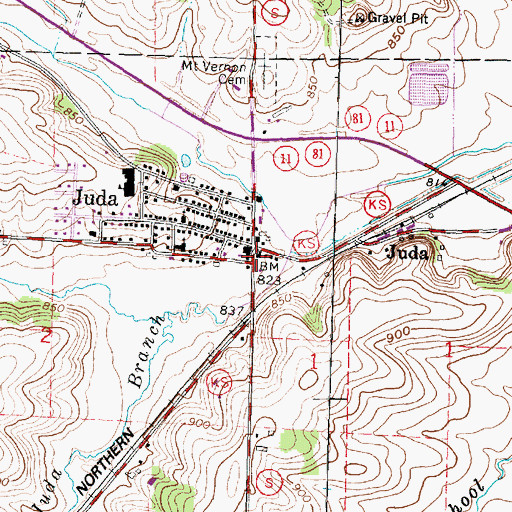 Topographic Map of Juda Post Office, WI