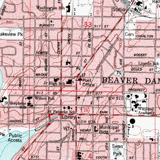 Topographic Map of Beaver Dam Post Office, WI