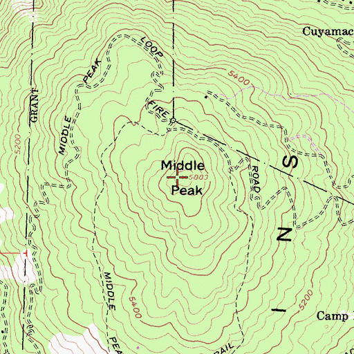 Topographic Map of Middle Peak, CA