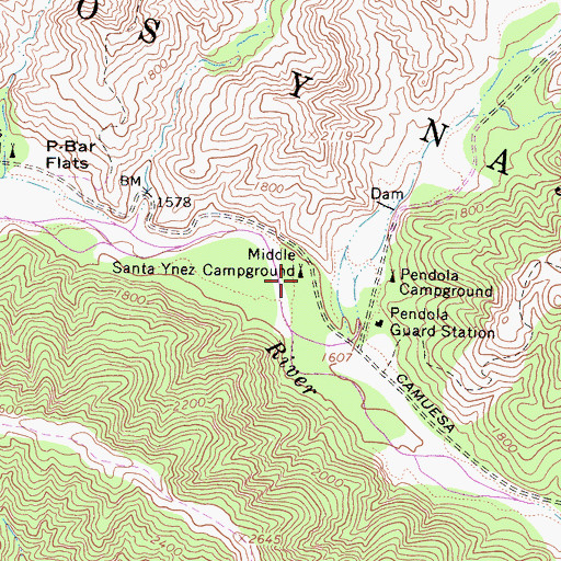 Topographic Map of Middle Santa Ynez Campground, CA