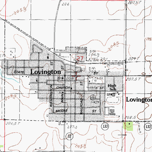 Topographic Map of Lovington Post Office, IL