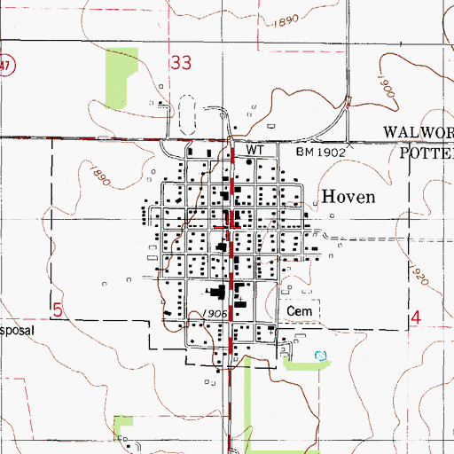 Topographic Map of Hoven City Hall, SD