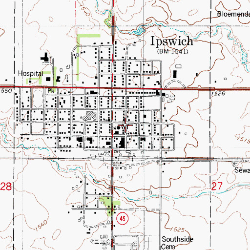 Topographic Map of Ipswich City Hall, SD