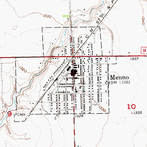 Topographic Map of Menno City Hall, SD