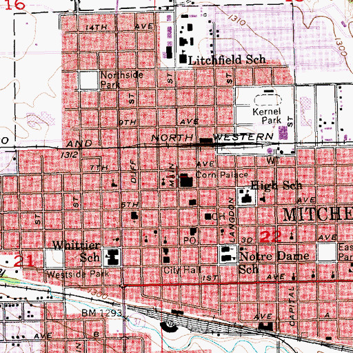 Topographic Map of Mitchell City Hall, SD