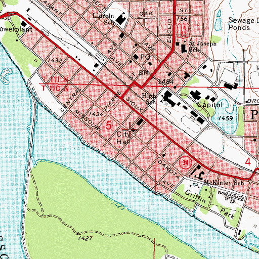 Topographic Map of Pierre City Hall, SD