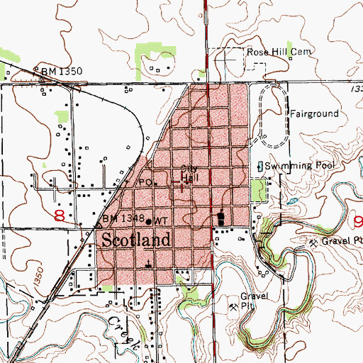 Topographic Map of Scotland City Hall, SD