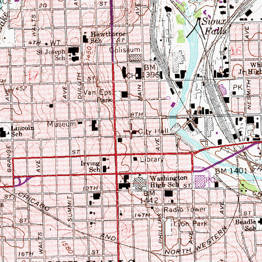 Topographic Map of Sioux Falls City Hall, SD