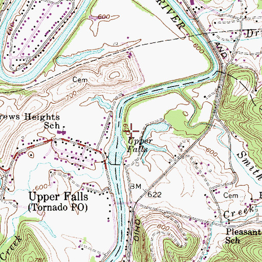 Topographic Map of Walhonde Upper Falls Walking Trail, WV