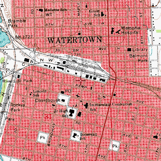 Topographic Map of Watertown City Hall, SD