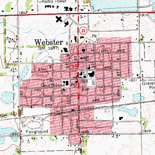 Topographic Map of Webster City Hall, SD