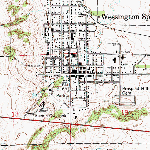 Topographic Map of Wessington Springs City Hall, SD