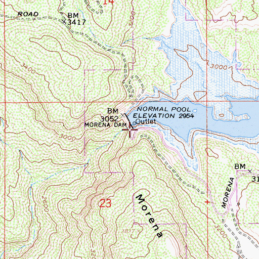 Topographic Map of Morena Dam, CA