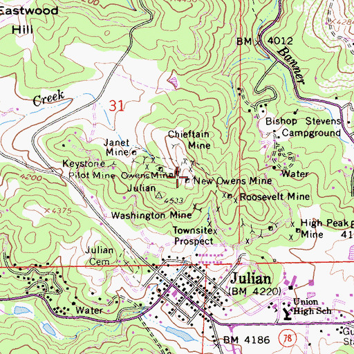 Topographic Map of New Owens Mine, CA
