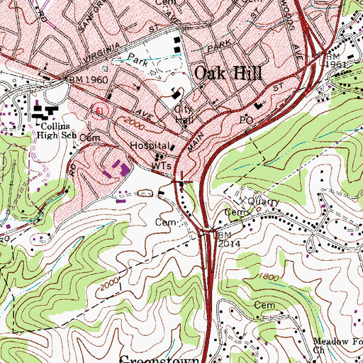 Topographic Map of Oak Hill Public Library, WV