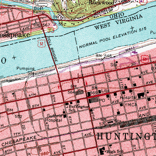 Topographic Map of Cabell-Huntington Convention and Visitors Bureau, WV