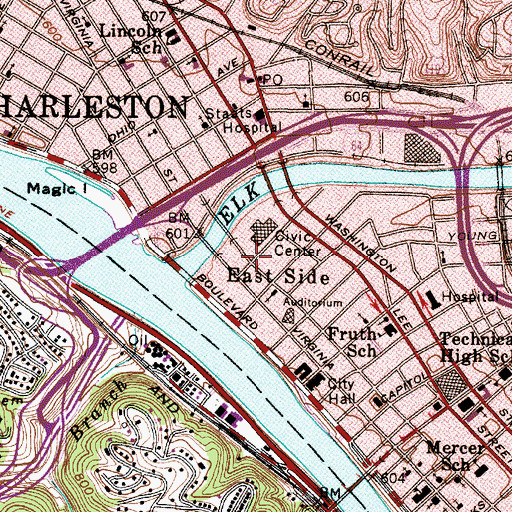 Topographic Map of Charleston Convention and Visitors Bureau, WV