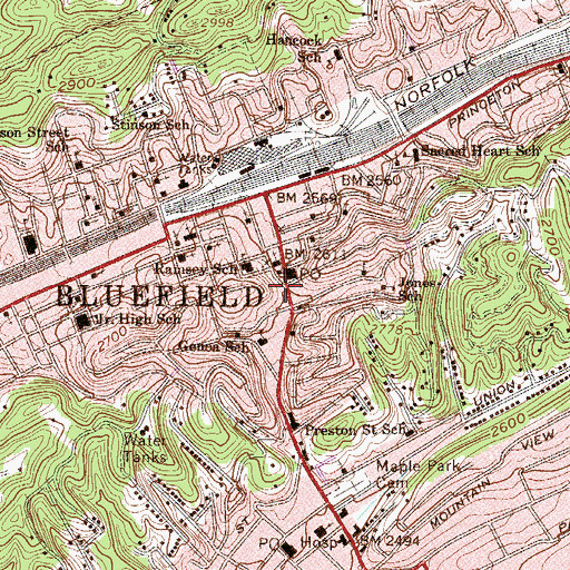 Topographic Map of Mercer County Convention and Visitors Bureau, WV
