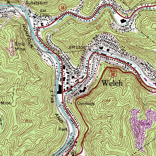 Topographic Map of McDowell County Public Library, WV