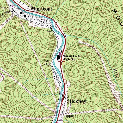 Topographic Map of Marsh Fork Public Library, WV