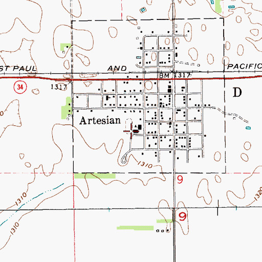 Topographic Map of Artesian Community Center, SD