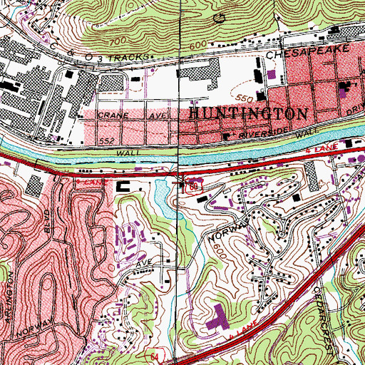 Topographic Map of West Virginia State Police Troop 5 - Huntington Detachment, WV