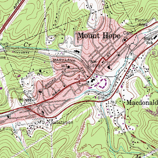 Topographic Map of Mount Hope Police Department, WV