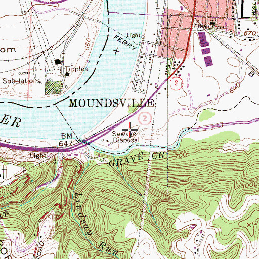 Topographic Map of West Virginia State Police Troop 1 - Moundsville Detachment, WV