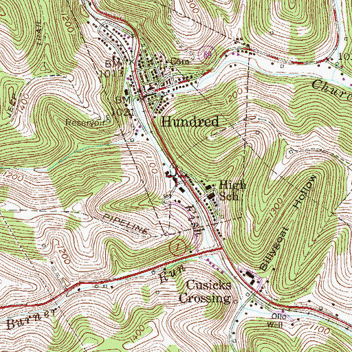 Topographic Map of West Virginia State Police Troop 1 - Hundred Detachment, WV