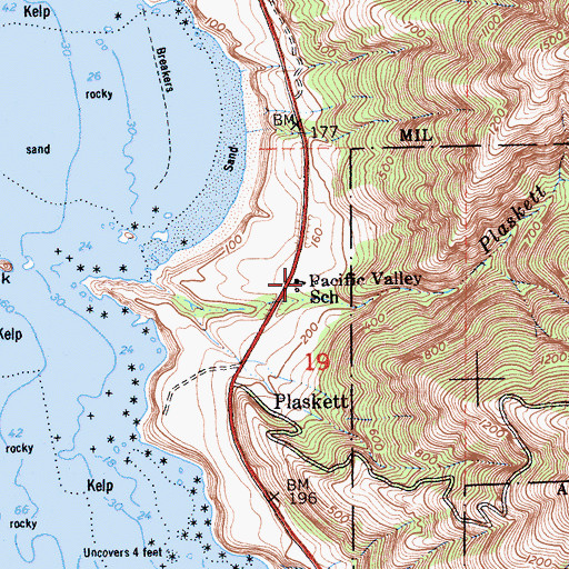 Topographic Map of Pacific Valley K - 12 School, CA