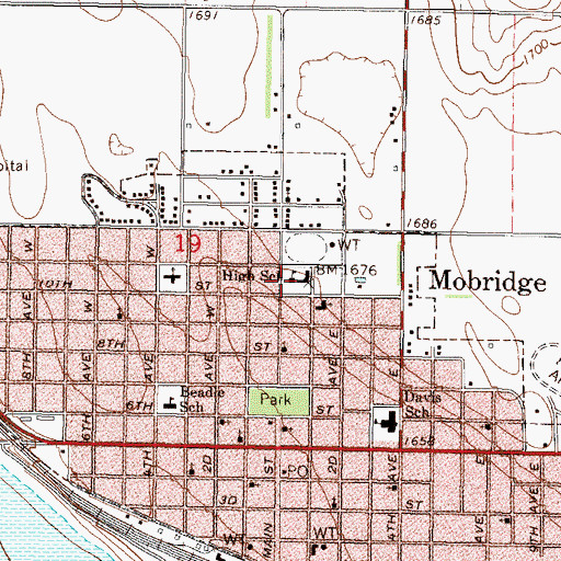 Topographic Map of Mobridge High School, SD
