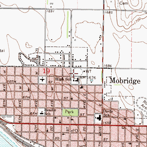 Topographic Map of Mobridge - Pollock Upper Elementary School, SD