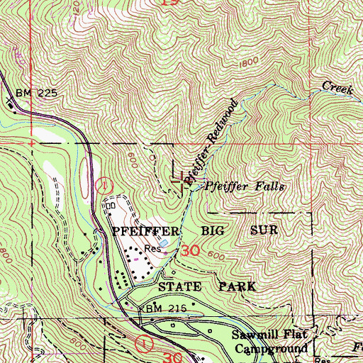 Topographic Map of Pfeiffer Falls, CA