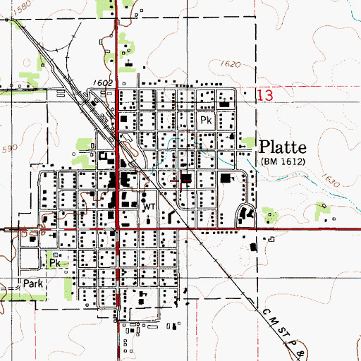 Topographic Map of Platte-Geddes Junior High School, SD
