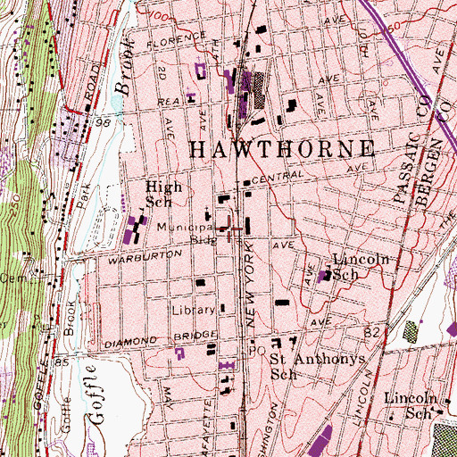 Topographic Map of Hawthorne Police Department, NJ