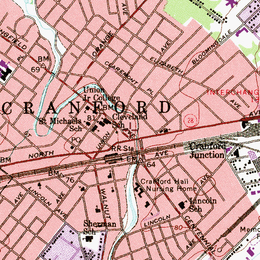 Topographic Map of Cranford Police Department, NJ