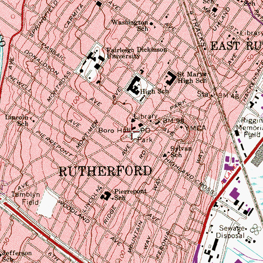 Topographic Map of Rutherford Police Department, NJ