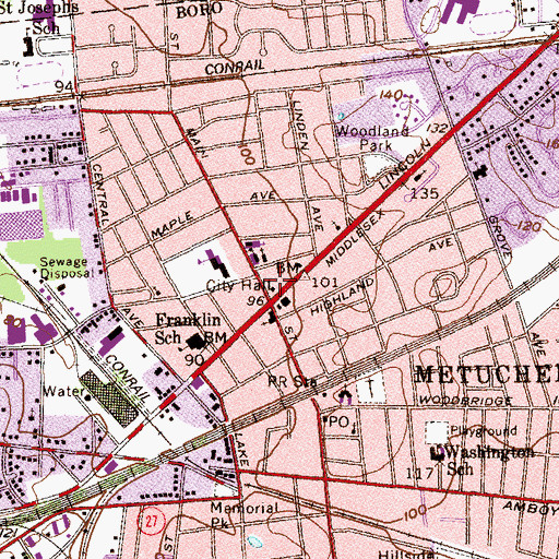 Topographic Map of Metuchen Police Department, NJ