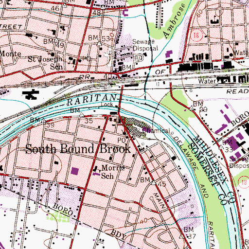 Topographic Map of South Bound Brook Police Department, NJ