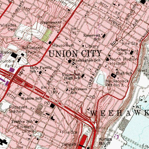 Topographic Map of Union City Police Department, NJ