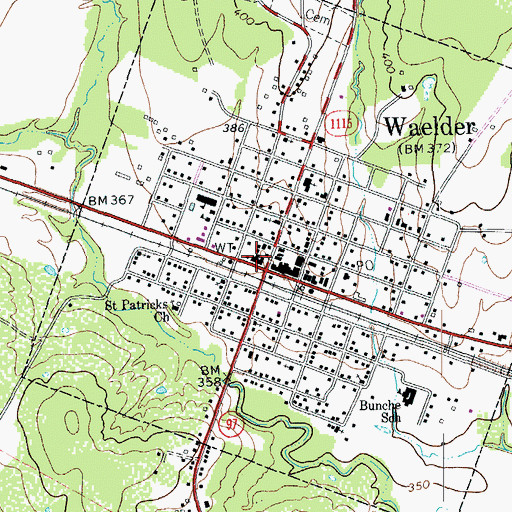 Topographic Map of Waelder Post Office, TX