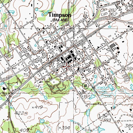 Topographic Map of Timpson Post Office, TX