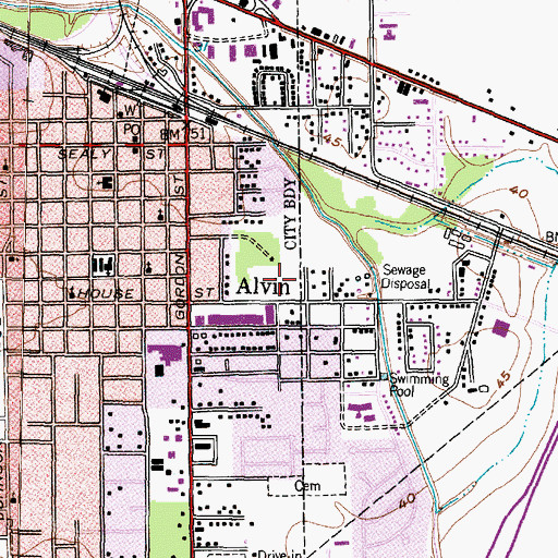 Topographic Map of Alvin Post Office, TX